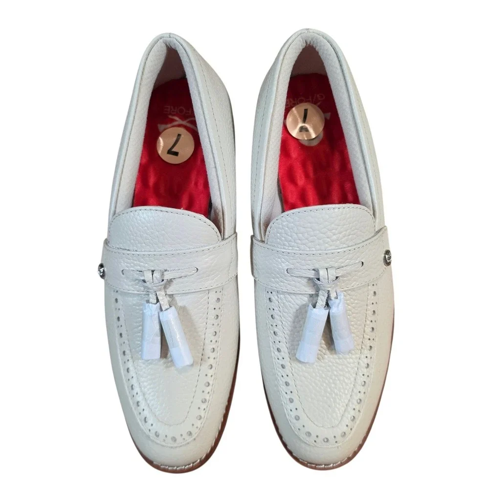 NEW G/FORE Women 7 Gallivanter Golf Shoes Stone Tan Pebble Leather Tassel Loafer